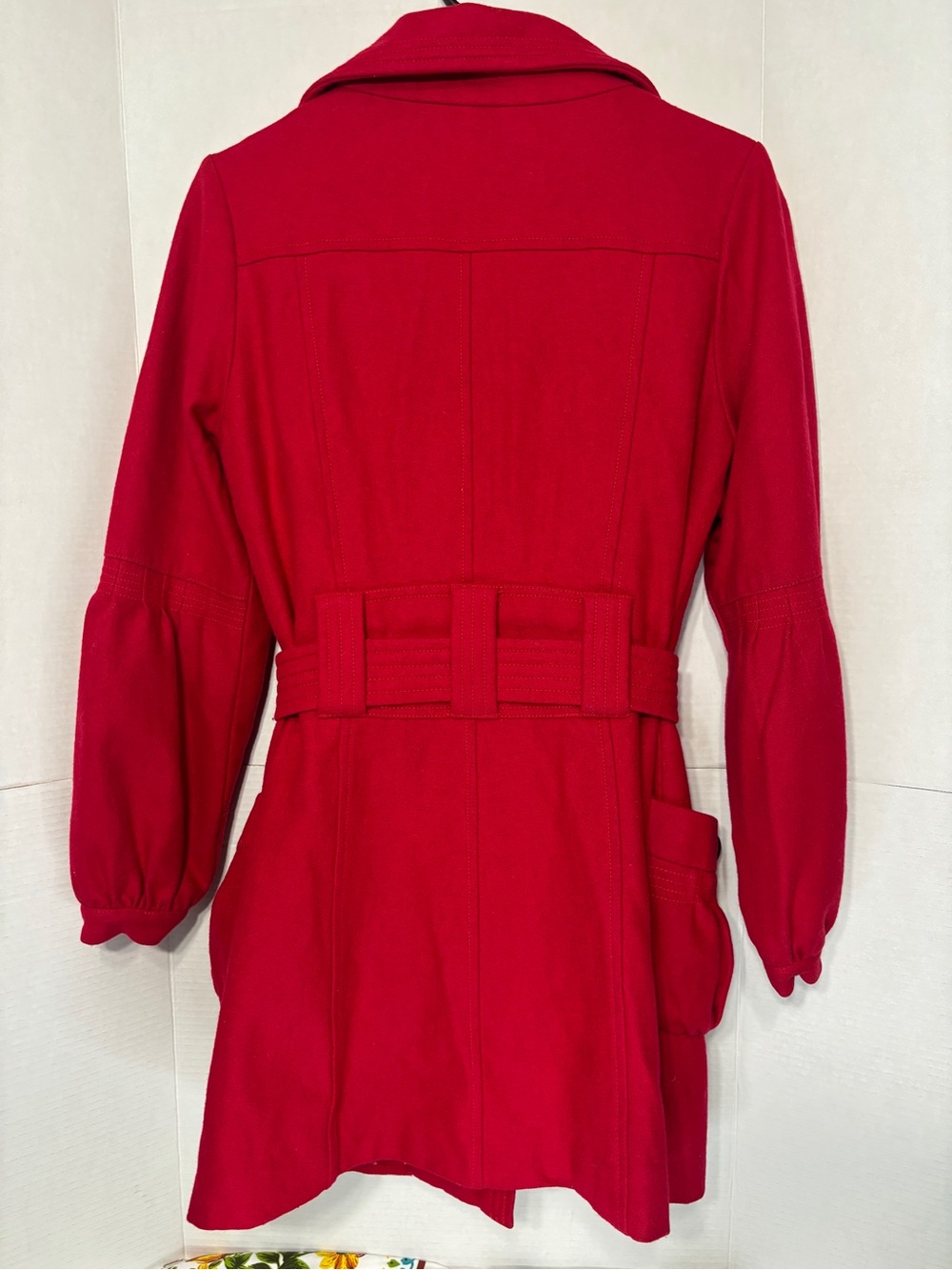 CoffeeShop Women's XS Bright Red Belted Pea Coat Buttons Wool Trench Jacket - Picture 2 of 7